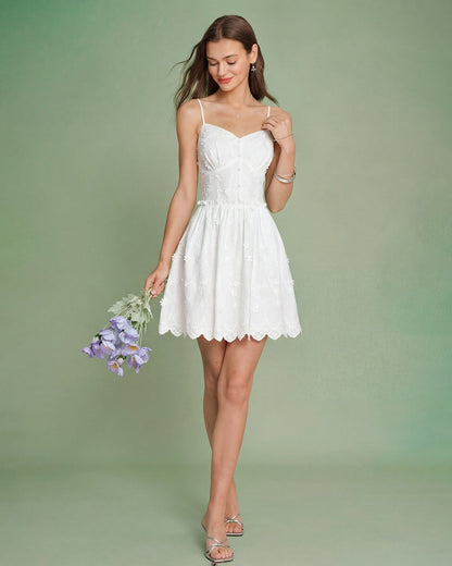Beyaz Çiçek Desenli Nakışlı Slip Mini Elbise