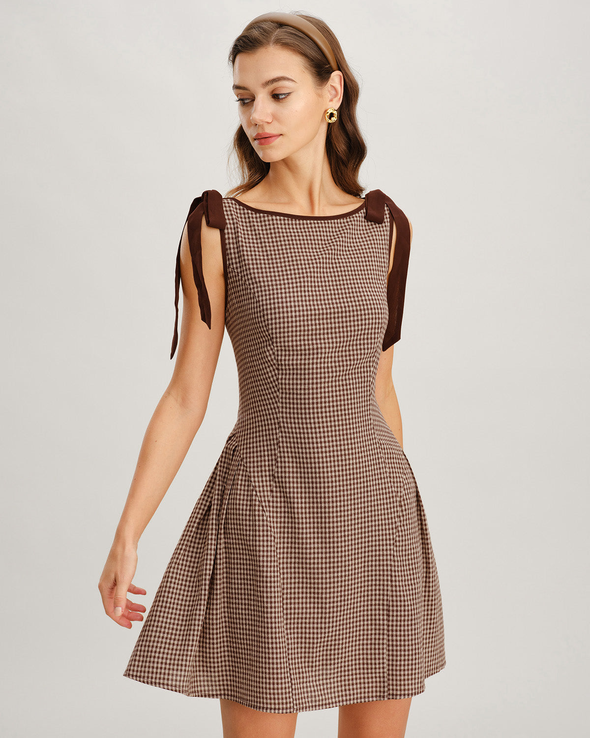 Kahverengi Gingham Bağlamalı Askılı Mini Elbise