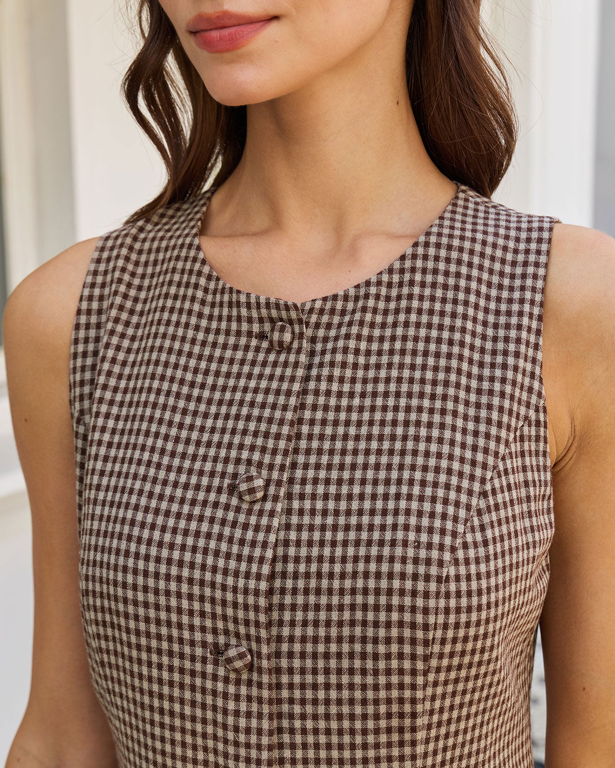 Kahverengi Gingham A Kesim Kolsuz Mini Elbise