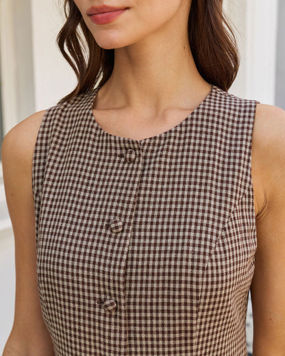 Kahverengi Gingham A Kesim Kolsuz Mini Elbise
