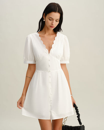 Beyaz V-Neck Büzgülü Mini Elbise
