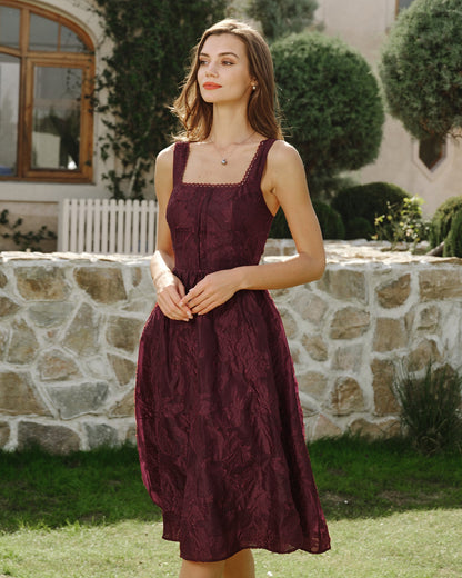 Bordo Kare Yaka Jakarlı Midi Elbise