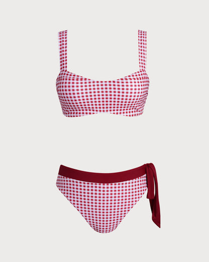 Bordo Ekoseli Bandeau Bikini Takımı