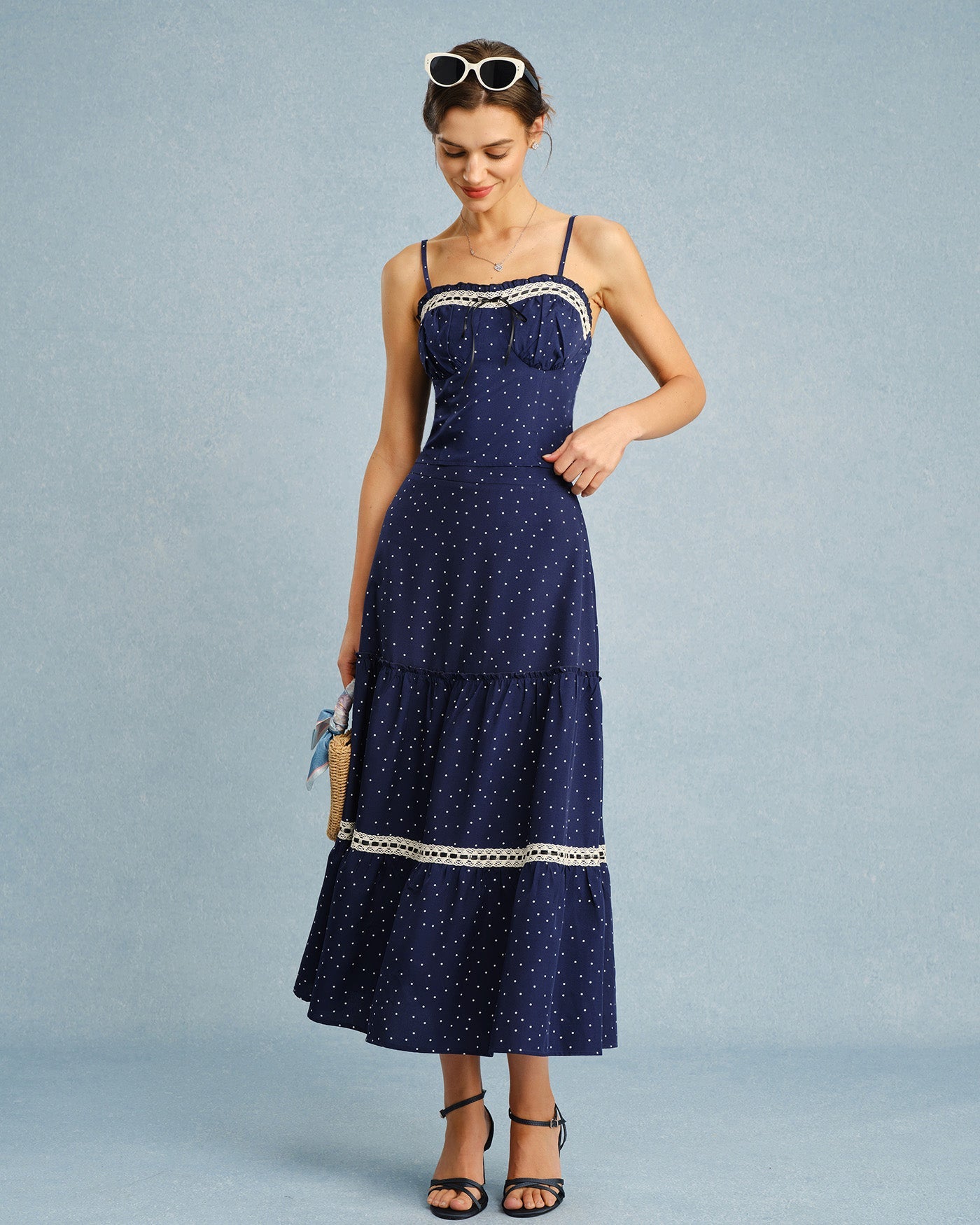 Lacivert Puantiyeli Bowknot Cami Üst