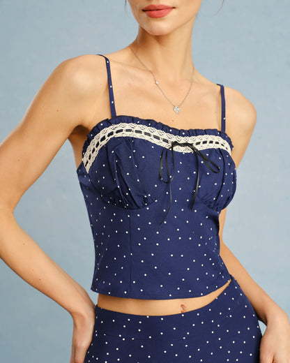 Lacivert Puantiyeli Bowknot Cami Üst
