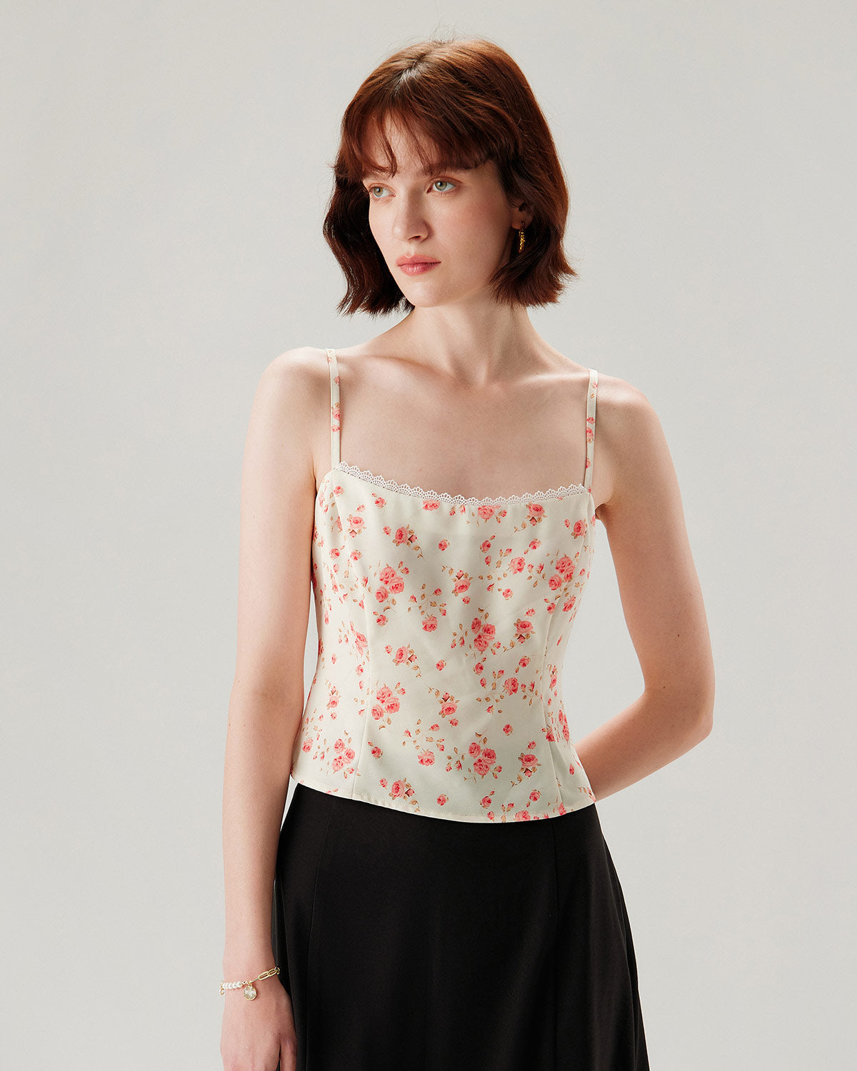 Pembe Çiçek Desenli Crop Cami Üst
