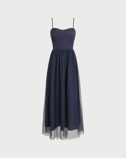 Mavi Büzgülü Flowy Slip Maxi Elbise