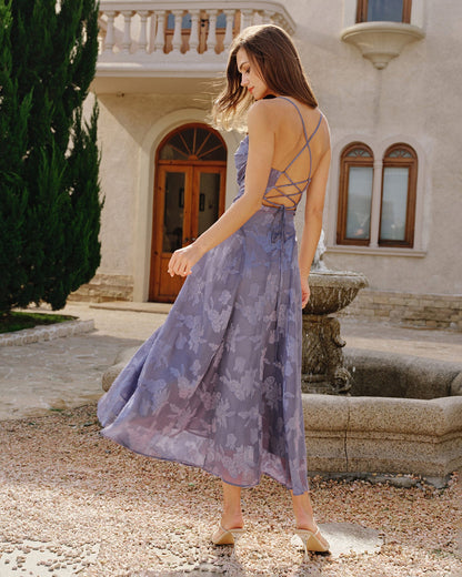Mavi Jakarlı Slip Maxi Elbise