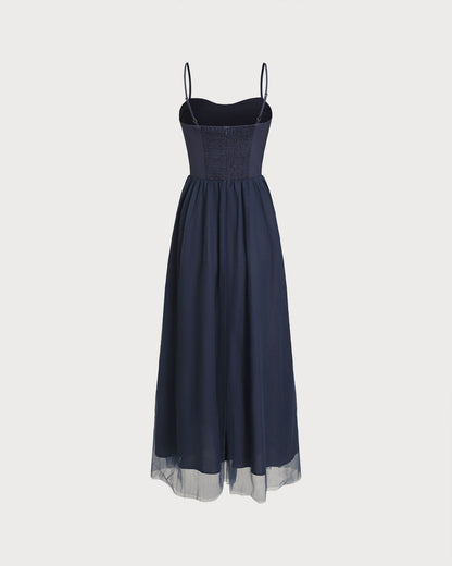Mavi Büzgülü Flowy Slip Maxi Elbise