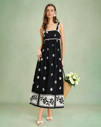 Siyah Çiçek Desenli Kontrast Slip Maxi Elbise