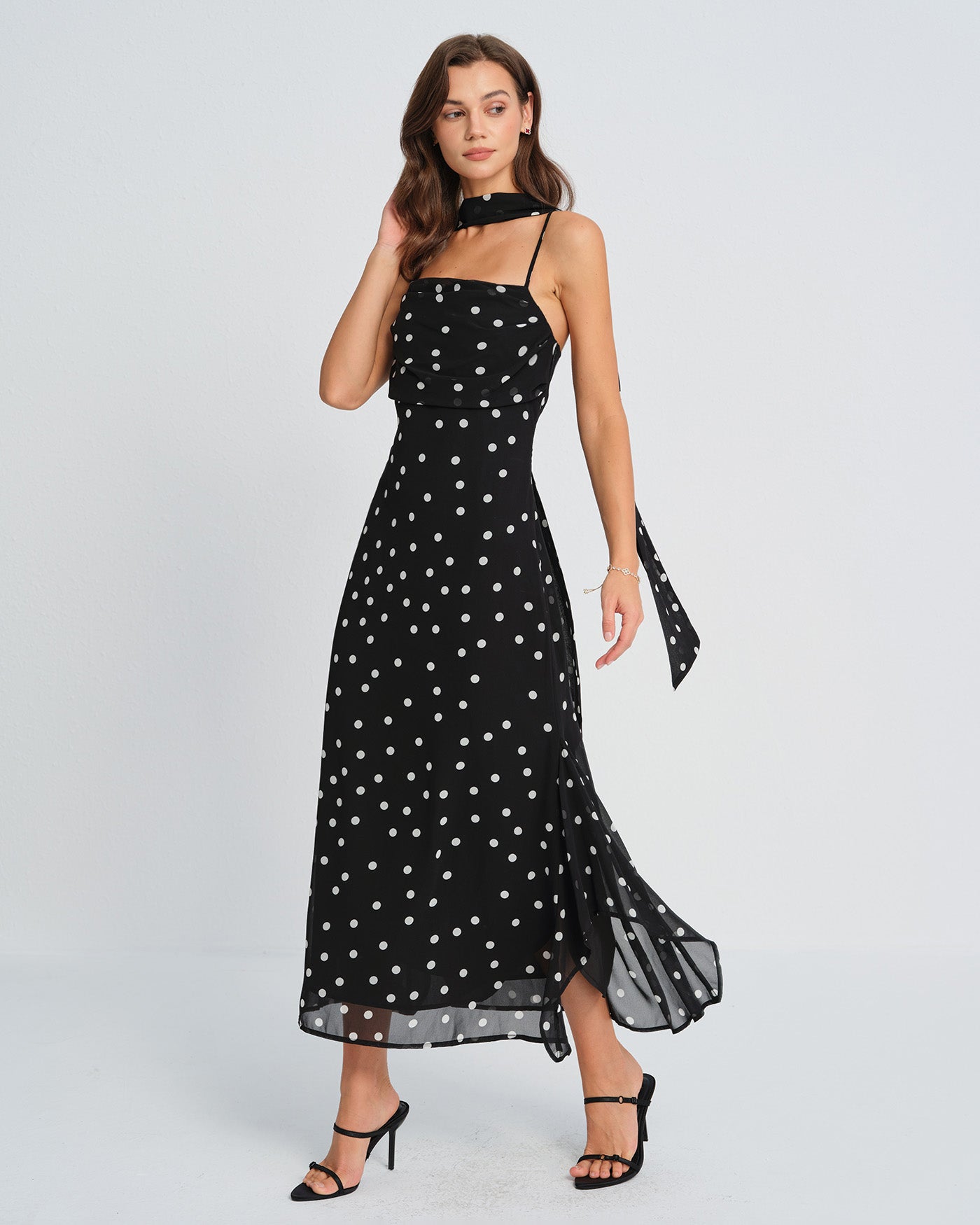 Siyah Puantiyeli Slip Maxi Elbise