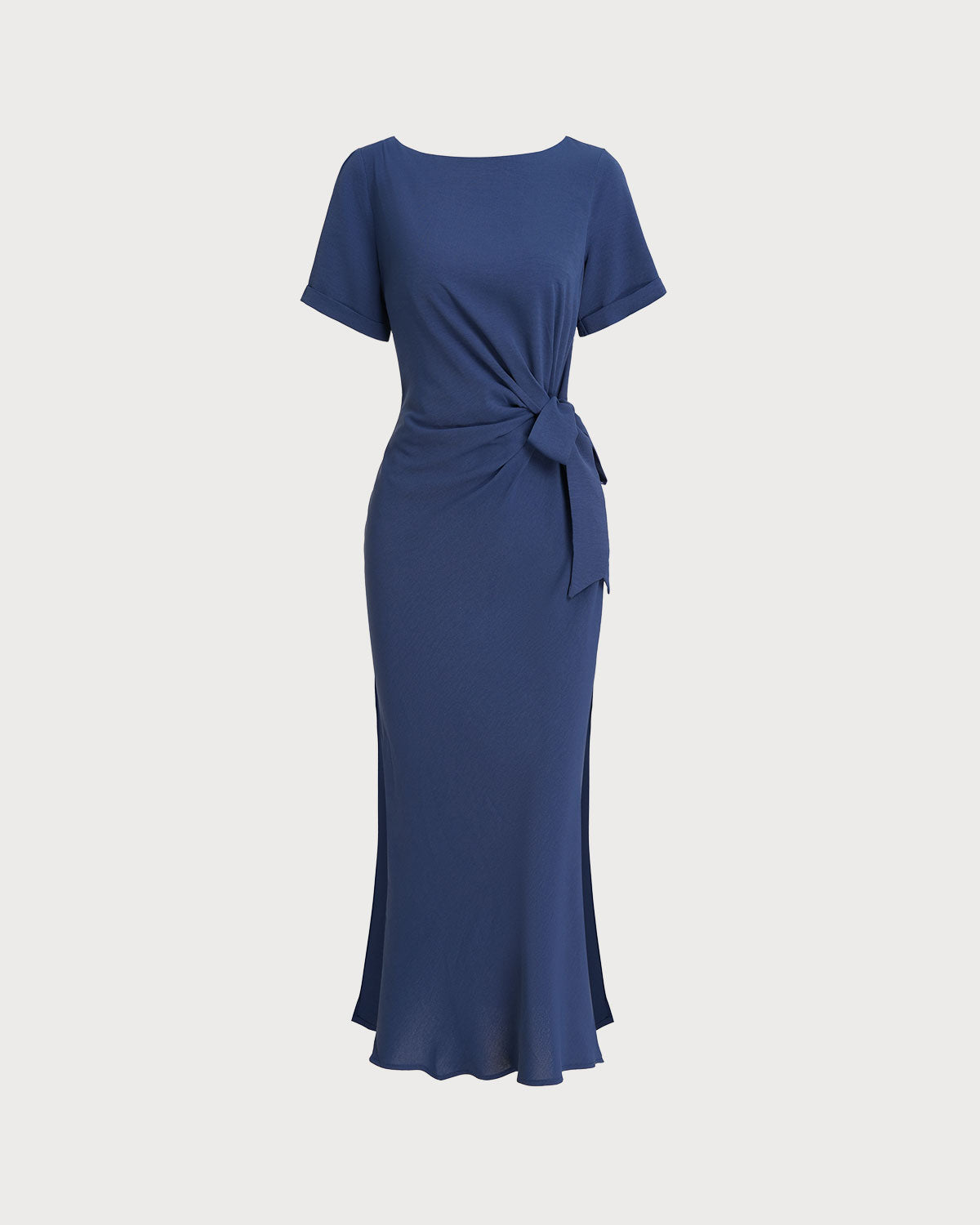 Mavi Yuvarlak Yaka Kısa Sleeve Maxi Elbise