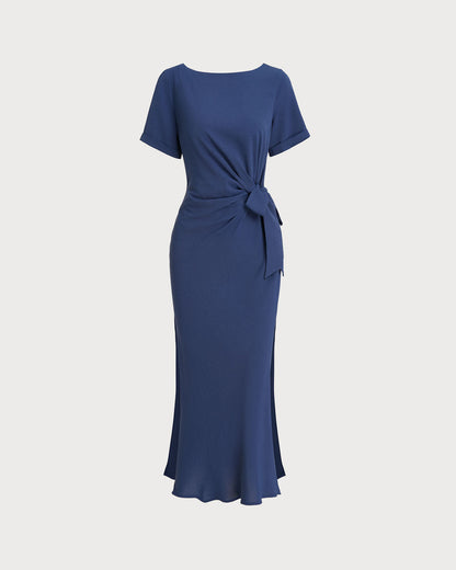Mavi Yuvarlak Yaka Kısa Sleeve Maxi Elbise