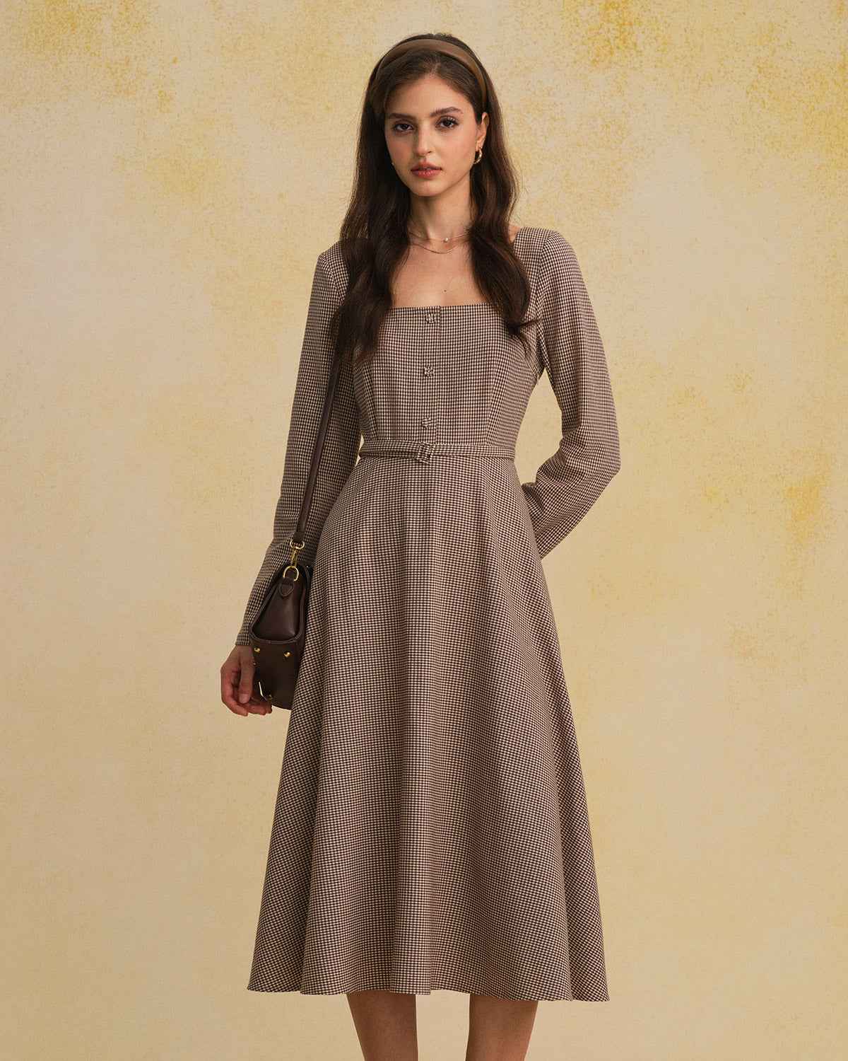 Kahverengi Gingham Kare Yaka Belted Maxi Elbise