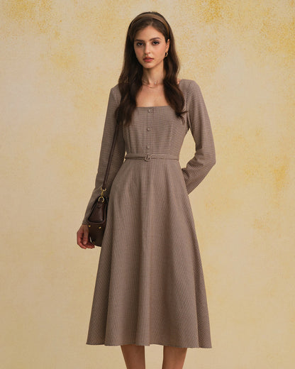 Kahverengi Gingham Kare Yaka Belted Maxi Elbise
