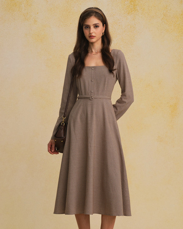 Kahverengi Gingham Kare Yaka Belted Maxi Elbise