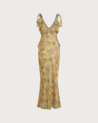 Sarı Fırfır Detaylı Slip Maxi Elbise