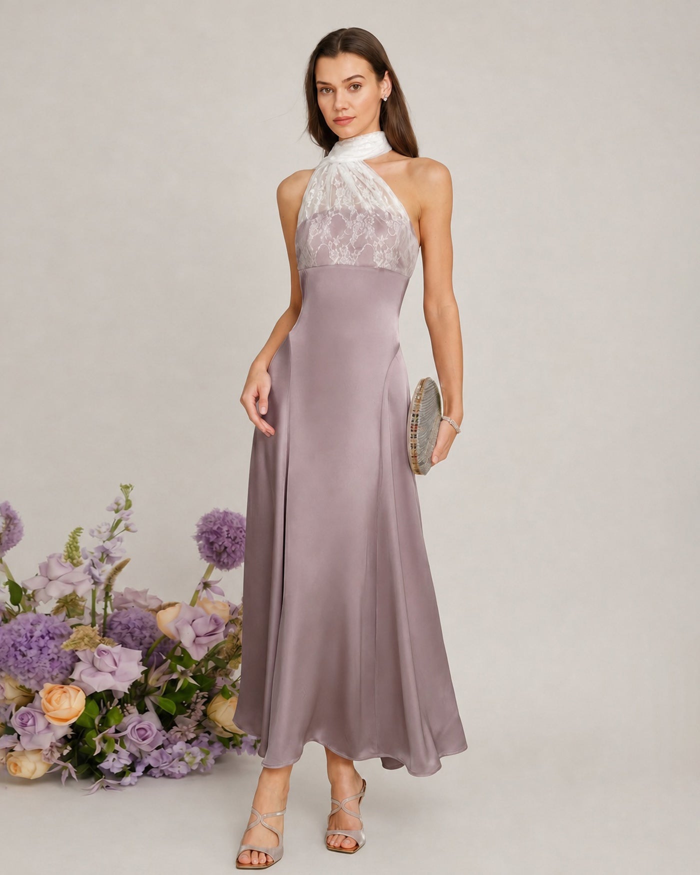 Pembe One Shoulder Dantel Geçişli Maxi Elbise