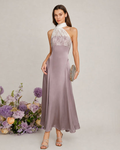 Pembe One Shoulder Dantel Geçişli Maxi Elbise