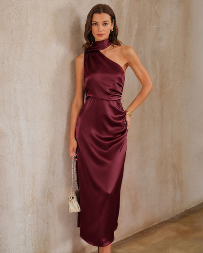 Bordo Saten One Shoulder Maxi Elbise