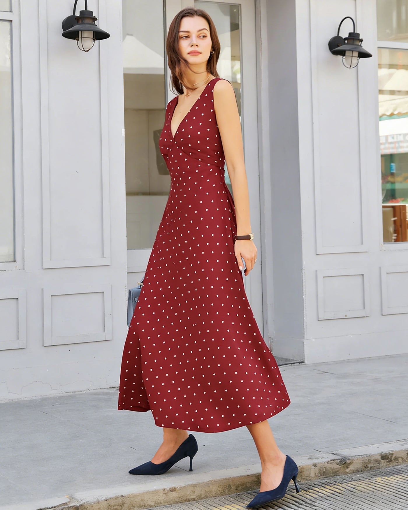 Bordo Puantiyeli Kolsuz Maxi Elbise