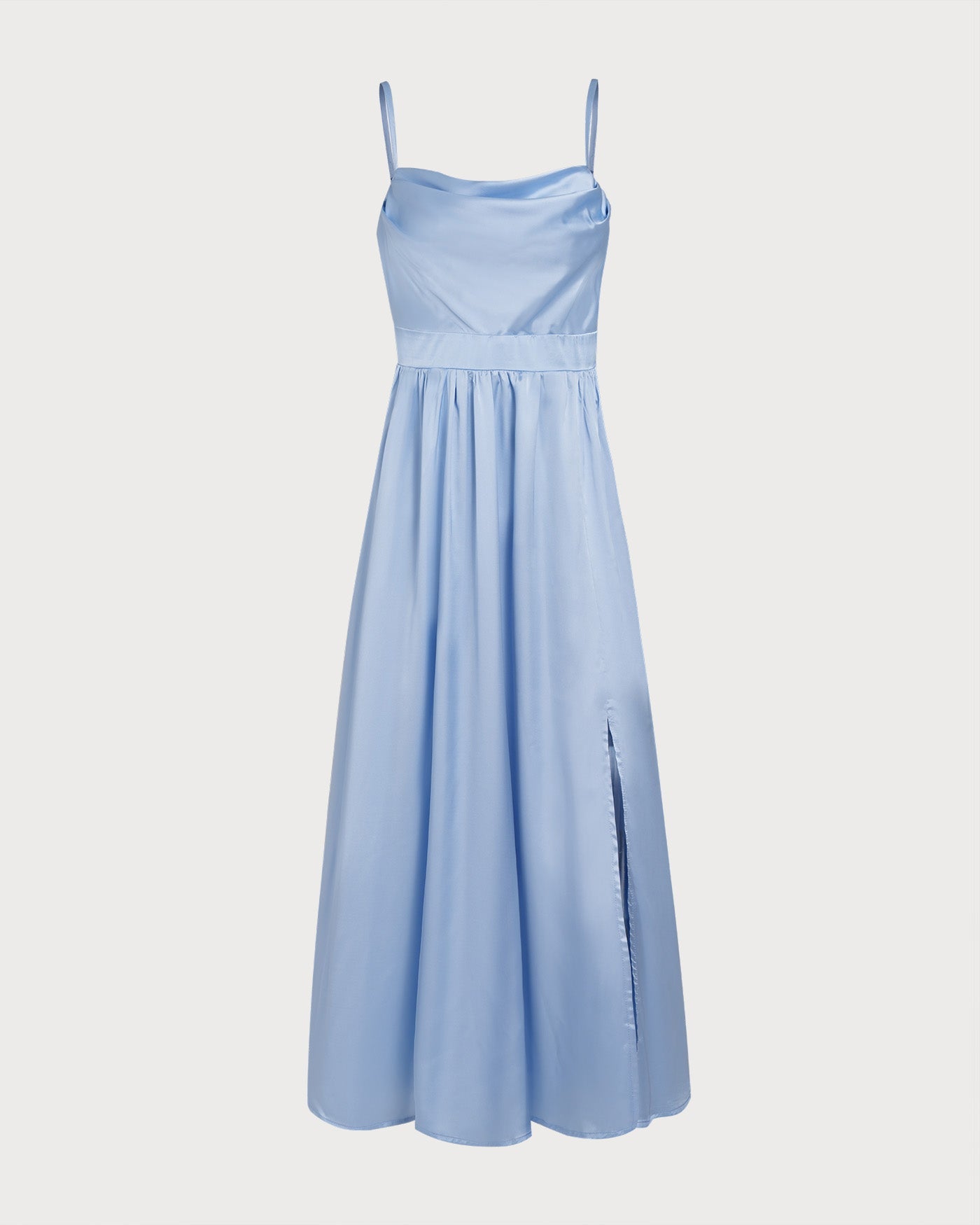 Mavi Saten Büzgülü Slip Maxi Elbise