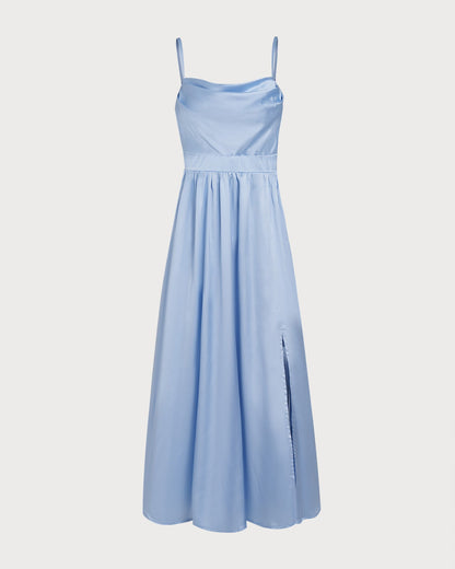 Mavi Saten Büzgülü Slip Maxi Elbise