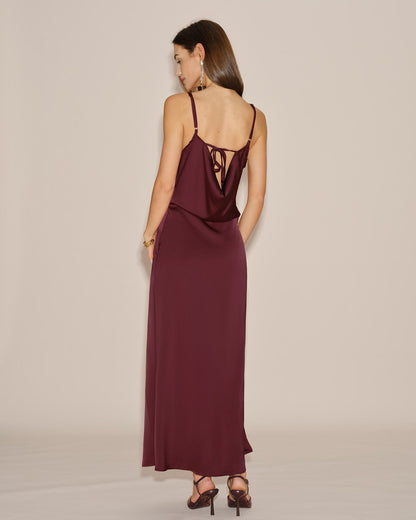 Bordo Düz Renk Bağlamalı Slip Maxi Elbise