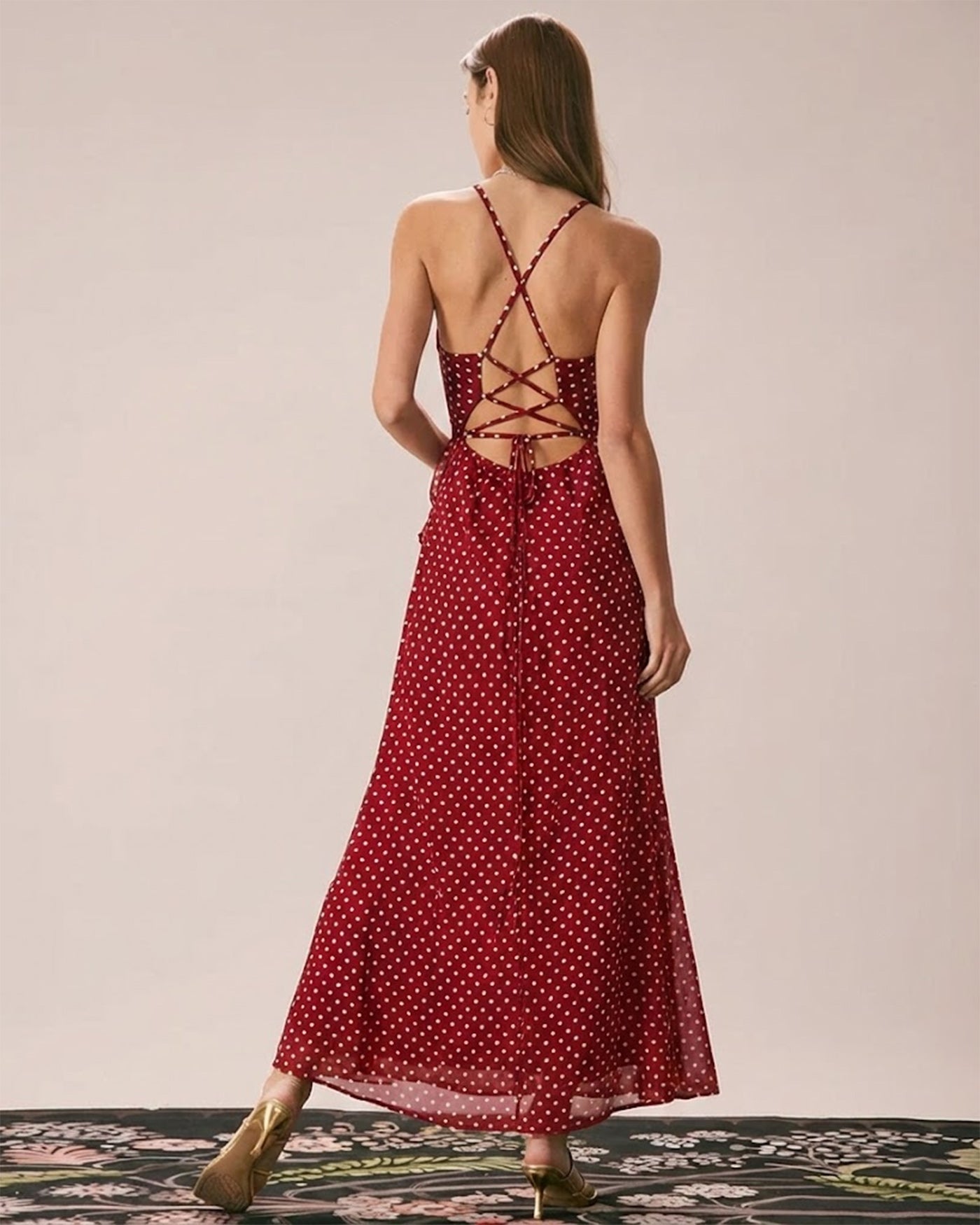 Kırmızı Puantiyeli Slip Maxi Elbise