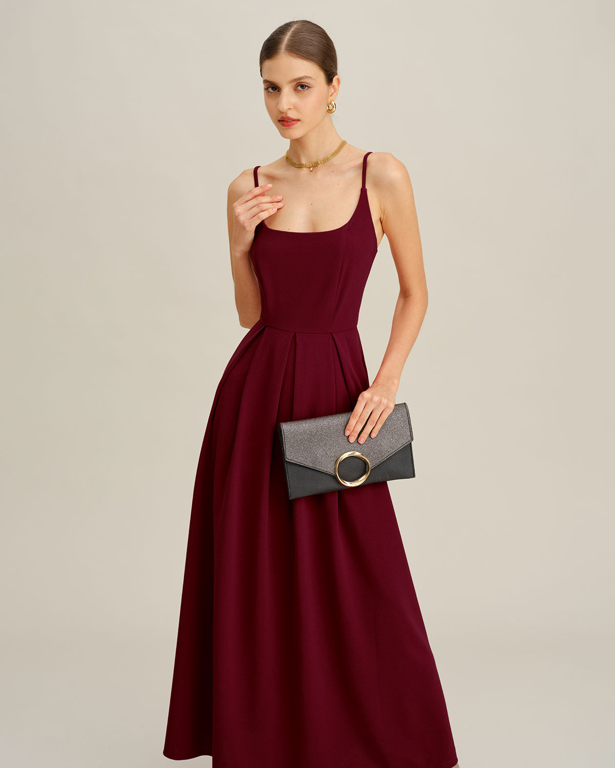 Bordo Pileli Slip Maxi Elbise