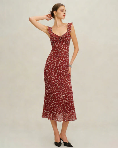 Kırmızı Çiçek Desenli Slip Maxi Elbise