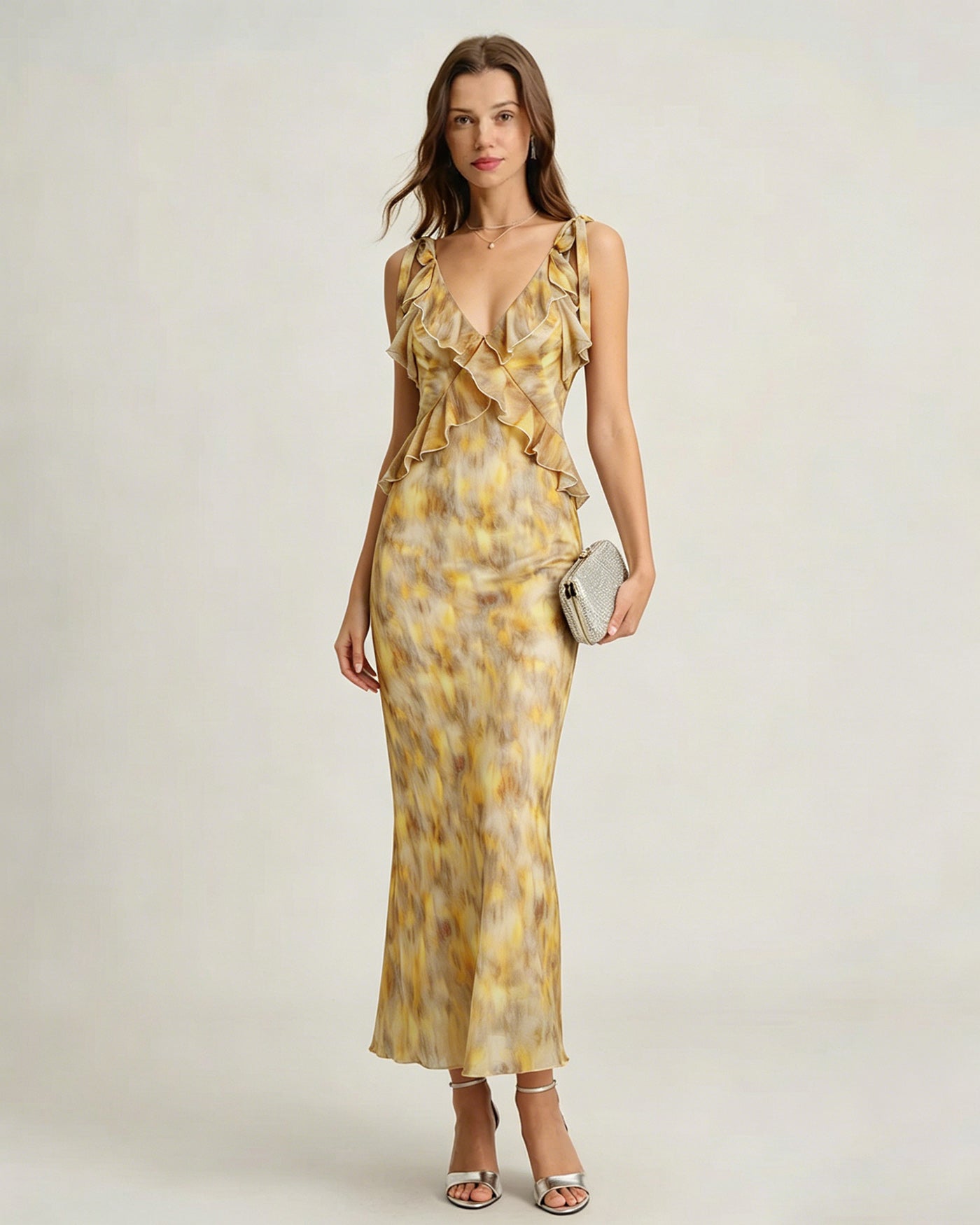 Sarı Fırfır Detaylı Slip Maxi Elbise