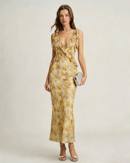 Sarı Fırfır Detaylı Slip Maxi Elbise