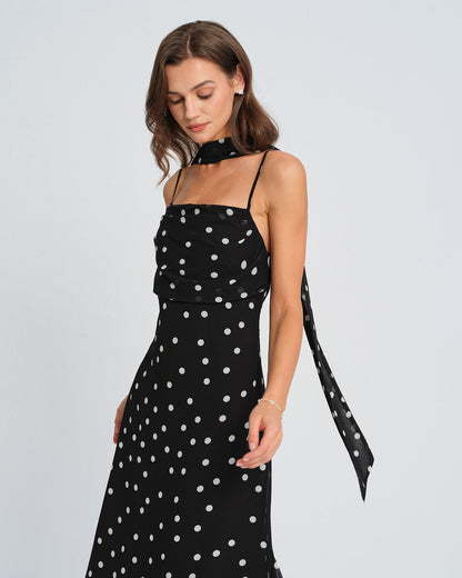 Siyah Puantiyeli Slip Maxi Elbise