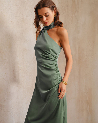 Yeşil Saten One Shoulder Maxi Elbise