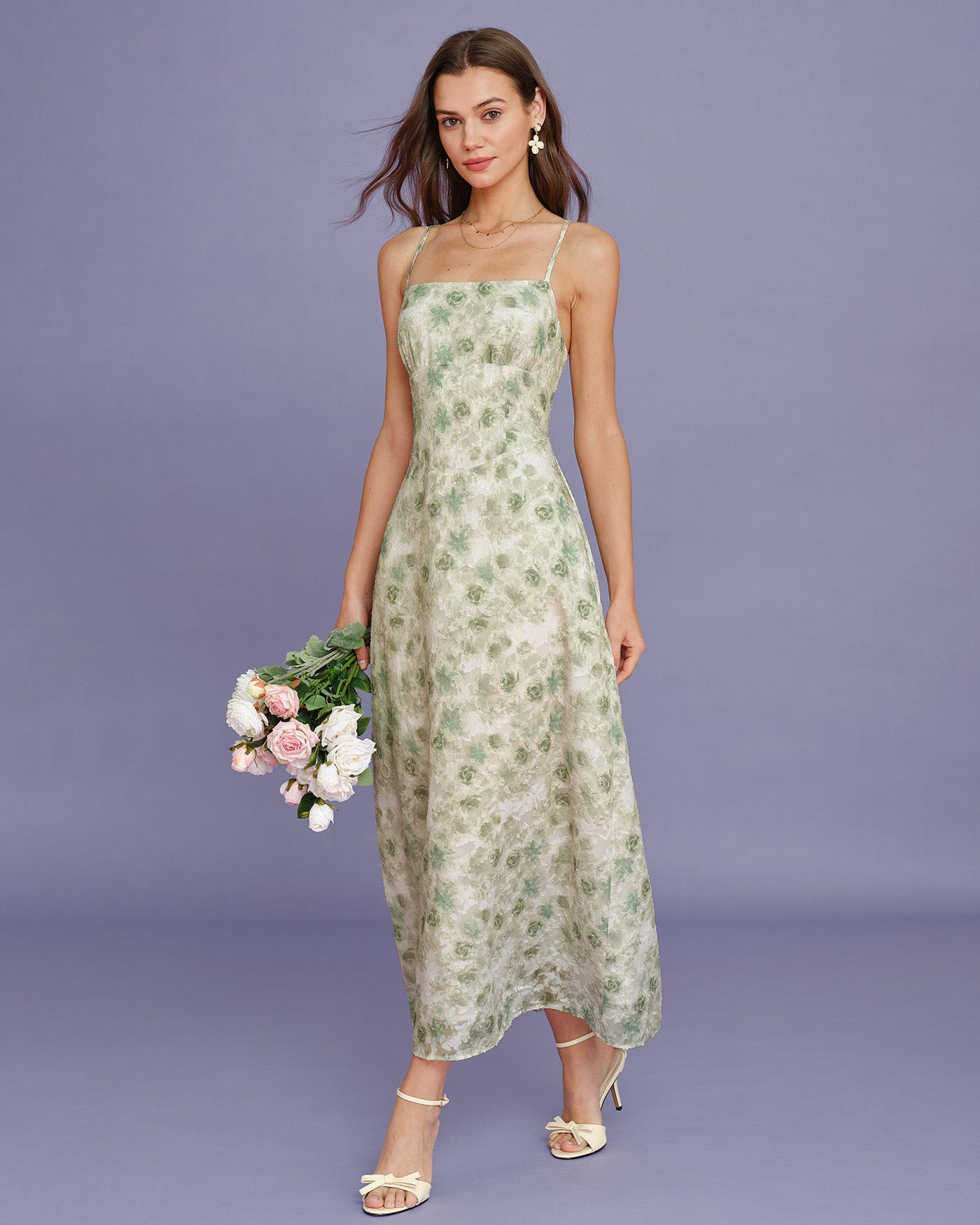 Açık Yeşil Çapraz Çiçek Desenli Slip Maxi Elbise
