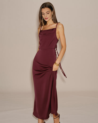 Bordo Düz Renk Bağlamalı Slip Maxi Elbise