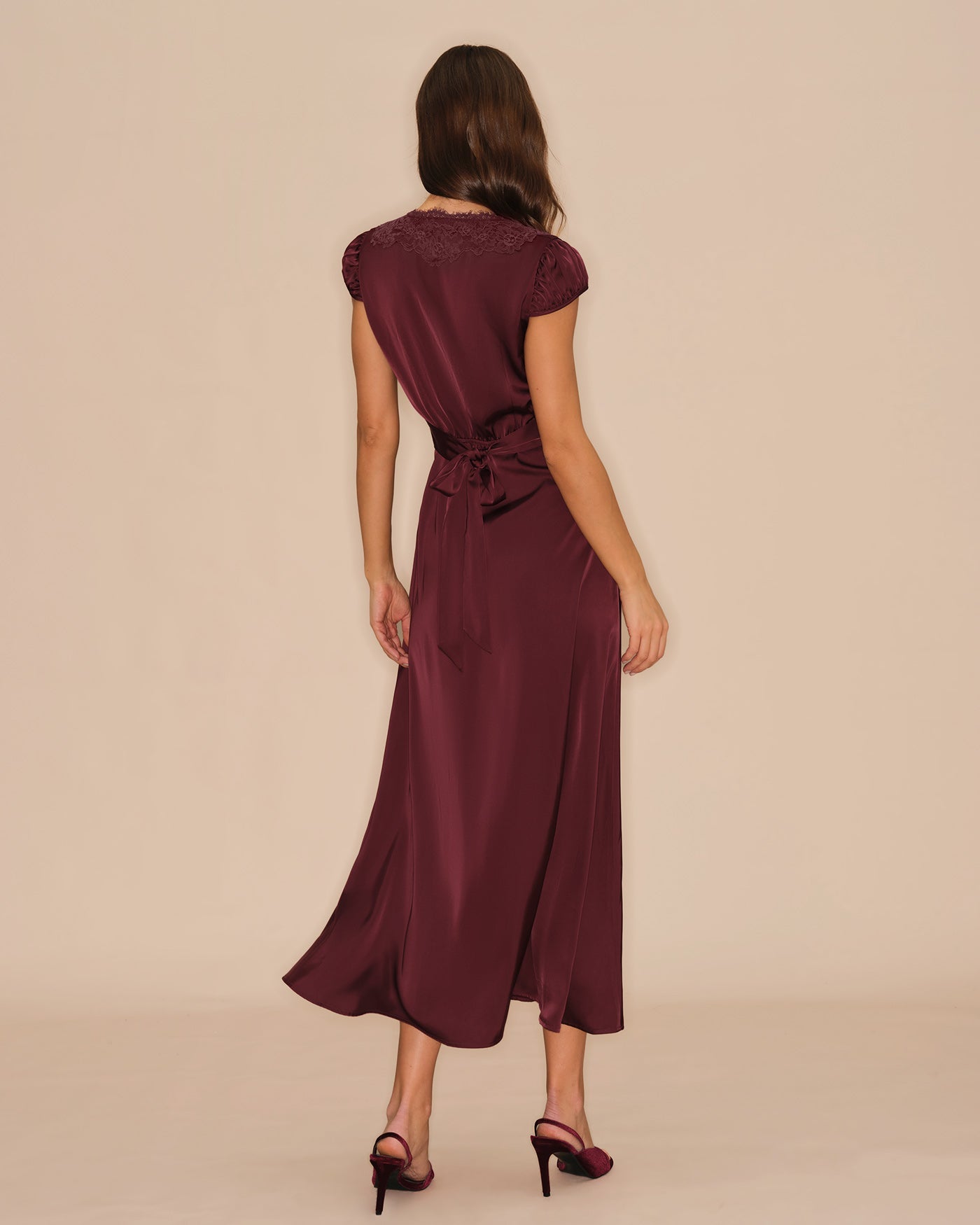 Bordo V Yaka Dantelli Maxi Elbise