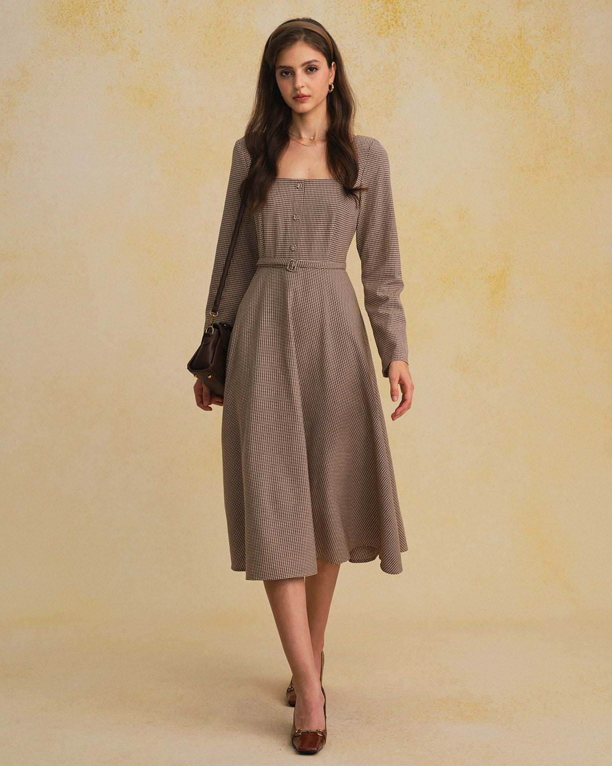 Kahverengi Gingham Kare Yaka Belted Maxi Elbise