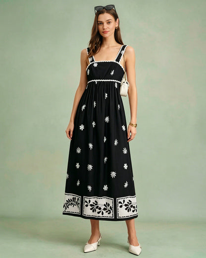 Siyah Çiçek Desenli Kontrast Slip Maxi Elbise