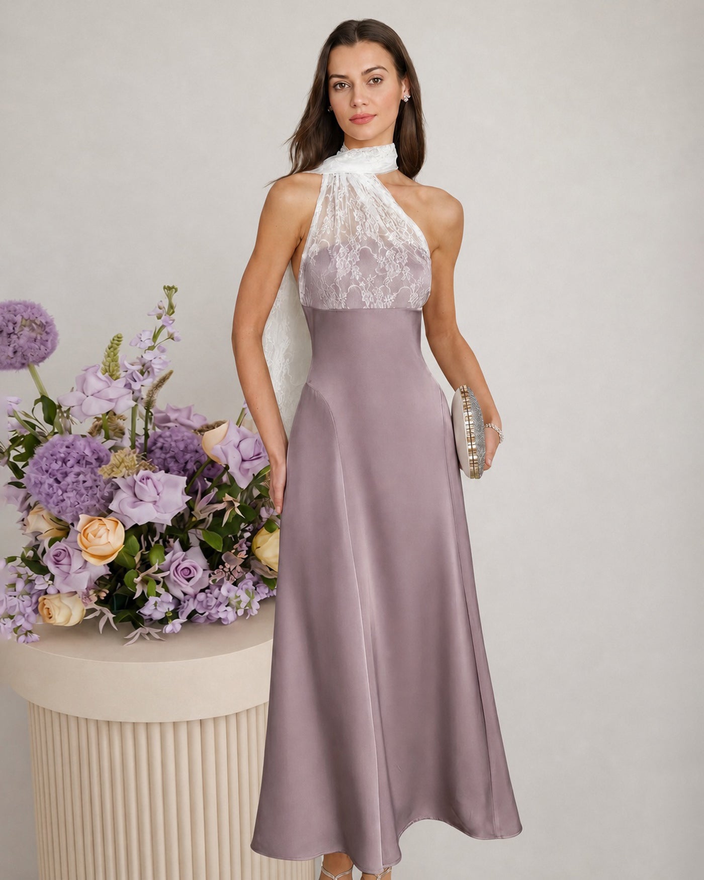 Pembe One Shoulder Dantel Geçişli Maxi Elbise