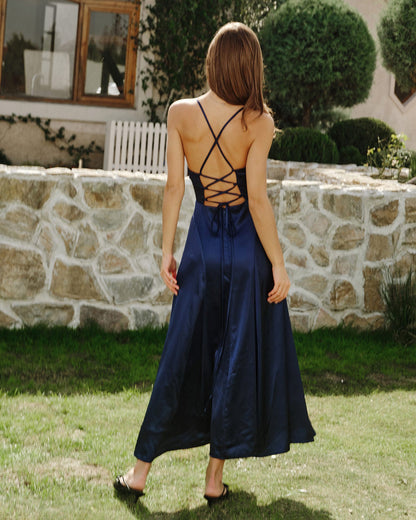 Lacivert Saten Slip Maxi Elbise