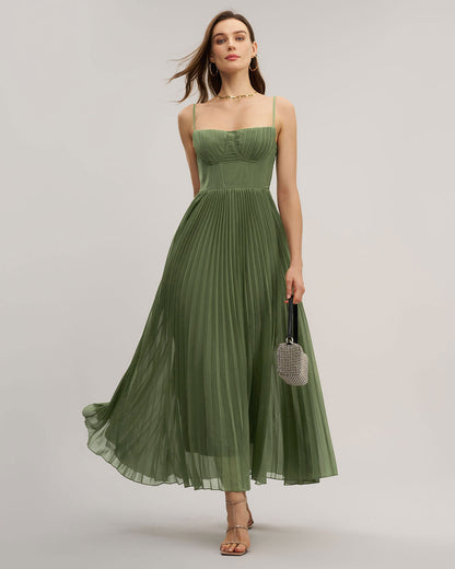 Yeşil Kalp Yaka Flowy Slip Maxi Elbise