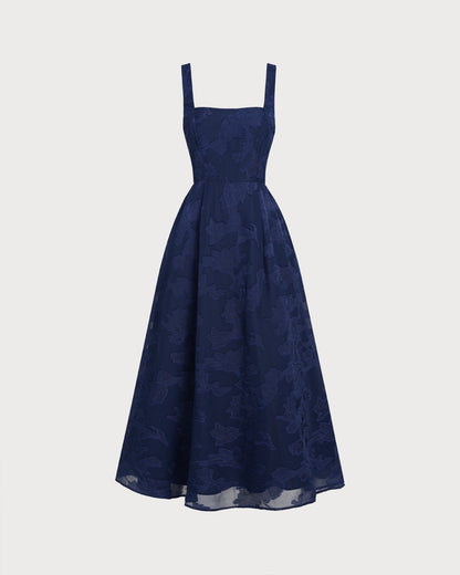 Lacivert Jakarlı Slip Maxi Elbise