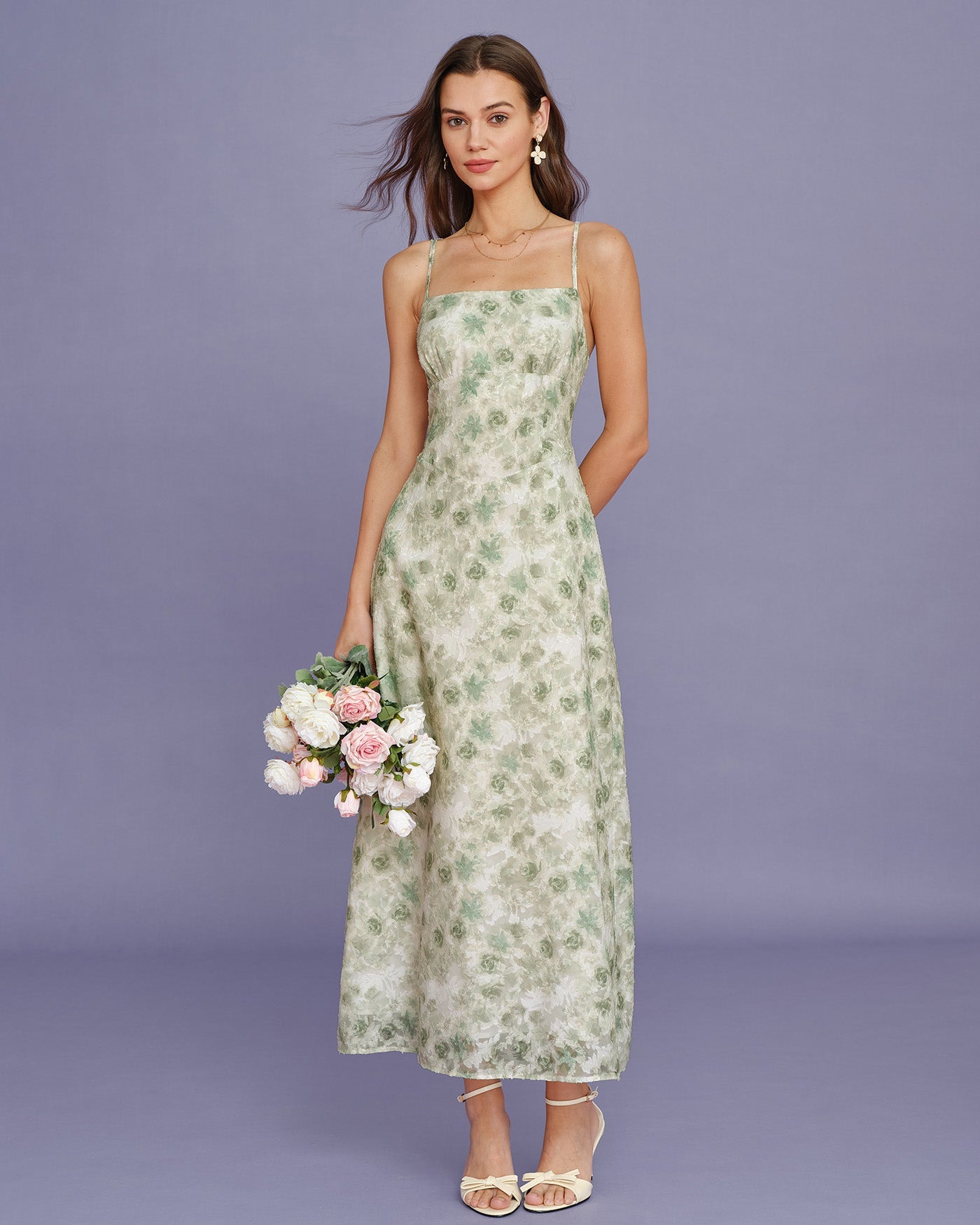 Açık Yeşil Çapraz Çiçek Desenli Slip Maxi Elbise