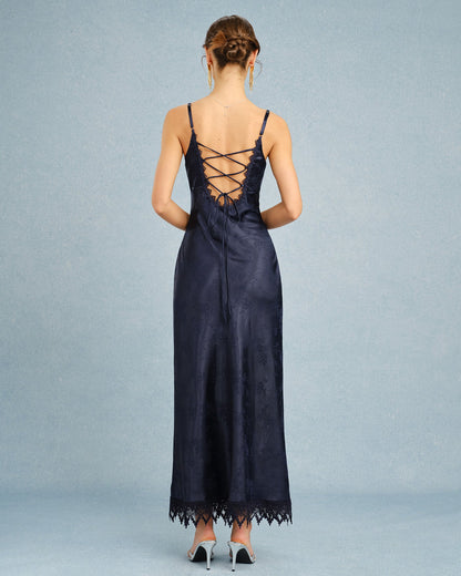 Lacivert Jakarlı Dantelli Slip Maxi Elbise
