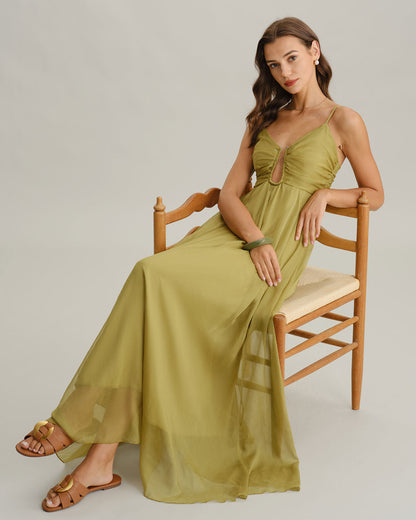 Yeşil Büzgülü Slip Maxi Elbise