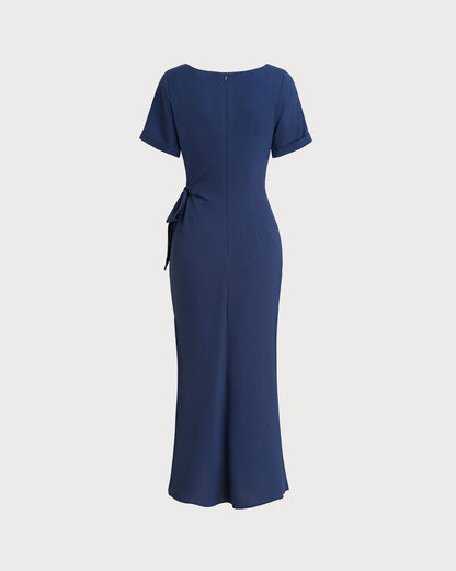 Mavi Yuvarlak Yaka Kısa Sleeve Maxi Elbise
