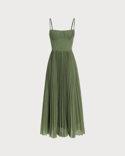 Yeşil Kalp Yaka Flowy Slip Maxi Elbise