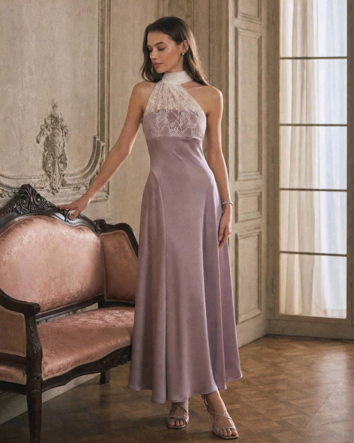 Pembe One Shoulder Dantel Geçişli Maxi Elbise